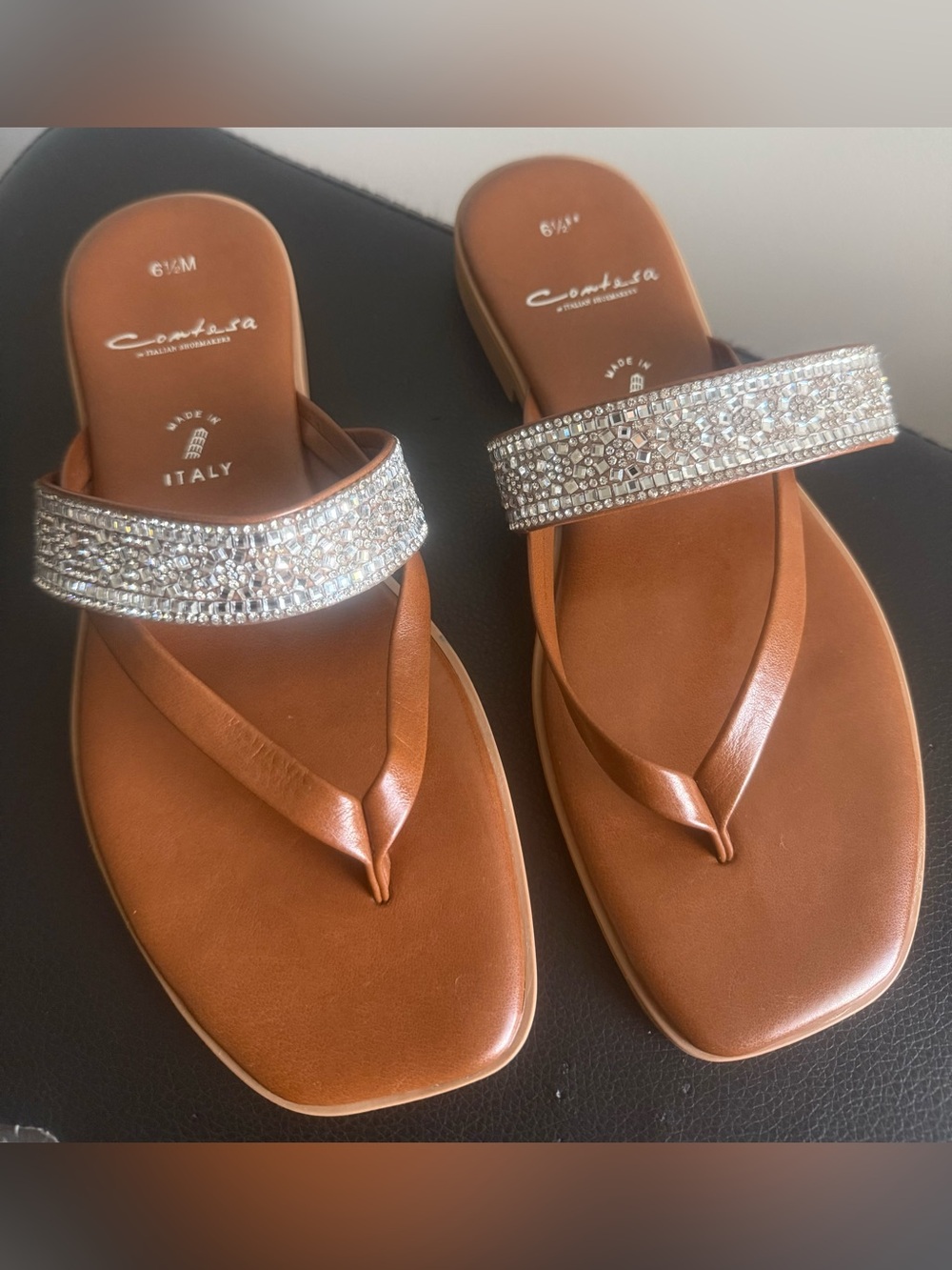 Women’s Brown Faux Leather-Sparkling Embellished Band Sandals